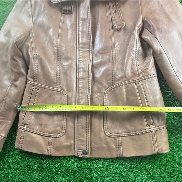 Jones New York Genuine Leather Jacket Women L Camel Tan Zip Moto Bomber Coat - Picture 8 of 10